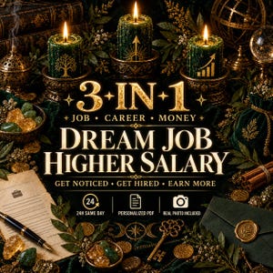 Può includere: Tre candele verde scuro in supporti decorati con simboli dorati, circondate da cristalli, una penna stilografica, un documento e una busta con sigillo in cera. Il testo recita 3-IN-1 JOB CAREER MONEY DREAM JOB HIGHER SALARY.