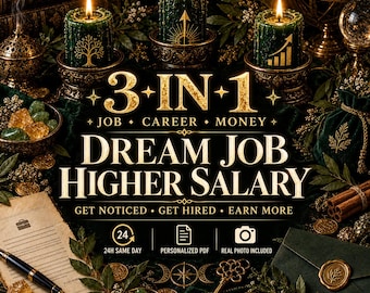 Puede incluir: Tres velas verde oscuro en soportes ornamentados con símbolos dorados, rodeadas de cristales, una pluma estilográfica, un documento y un sobre con sello de cera. El texto dice 3-IN-1 JOB CAREER MONEY DREAM JOB HIGHER SALARY.