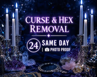 Puede incluir: Una colección de velas blancas en candelabros plateados, cristales de amatista morada y cuarzo transparente, un pequeño espejo redondo y cartas de tarot sobre terciopelo azul oscuro. Texto: CURSE & HEX REMOVAL, 24 SAME DAY, PHOTO PROOF.