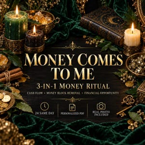 Puede incluir: Un kit de ritual con el texto MONEY COMES TO ME 3-IN-1 MONEY RITUAL, CASH FLOW, MONEY BLOCK REMOVAL, FINANCIAL OPPORTUNITY, 24 SAME DAY, PERSONALIZED PDF y REAL PHOTO INCLUDED, rodeado de terciopelo verde, velas y monedas de oro.