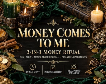 Puede incluir: Un kit de ritual con el texto MONEY COMES TO ME 3-IN-1 MONEY RITUAL, CASH FLOW, MONEY BLOCK REMOVAL, FINANCIAL OPPORTUNITY, 24 SAME DAY, PERSONALIZED PDF y REAL PHOTO INCLUDED, rodeado de terciopelo verde, velas y monedas de oro.