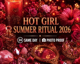 Puede incluir: Una vela roja encendida, un frasco de perfume, gemas, un espejo de mano y una corona se disponen entre rosas y pétalos rojos. Se muestra el texto "HOT GIRL SUMMER RITUAL 2026".