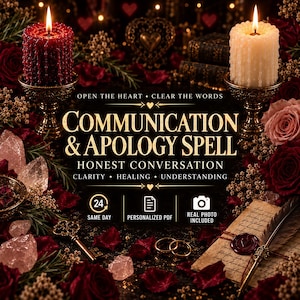 Peut inclure: Un graphique numérique avec le texte COMMUNICATION & APOLOGY SPELL, HONEST CONVERSATION, CLARITY, HEALING, UNDERSTANDING, 24 SAME DAY, PERSONALIZED PDF, et REAL PHOTO INCLUDED, entouré de bougies rouges et blanches, de roses et d'une clé.