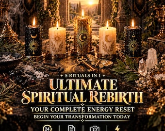 Puede incluir: Cinco velas de pilar en negro y crema con motivos celestiales dorados que incluyen soles y lunas. El texto dice 5 RITUALS IN 1 ULTIMATE SPIRITUAL REBIRTH YOUR COMPLETE ENERGY RESET BEGIN YOUR TRANSFORMATION TODAY 24H SAME DAY CASTING PERSONALIZED PDF REAL PHOTO INCLUDED 10X faster.