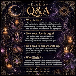 Op de afbeelding: Een donkerpaarse en gouden informatieve afbeelding getiteld Elaria Q&A. Het bevat vier secties met vragen en antwoorden over rituele diensten, omringd door illustraties van kaarsen, kristallen, een zandloper en een open boek.