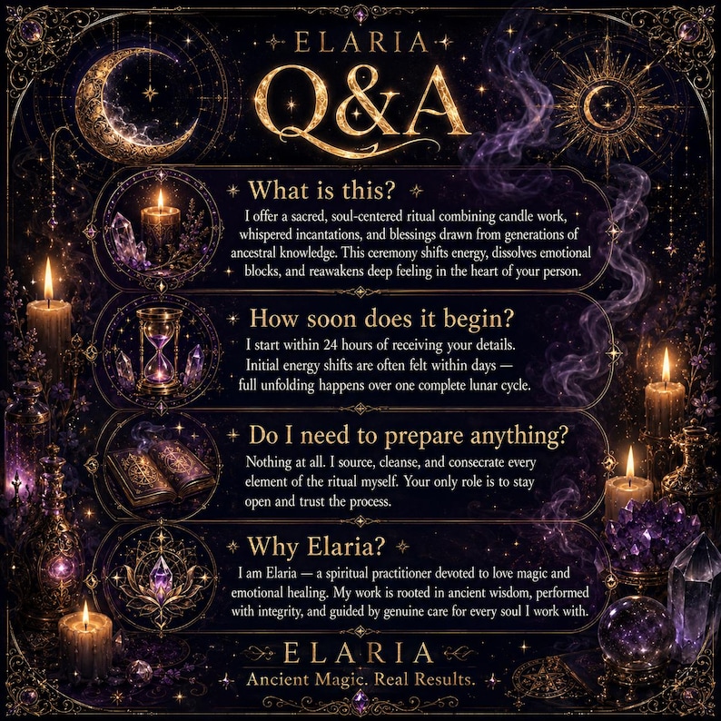 Op de afbeelding: Een donkerpaarse en gouden informatieve afbeelding getiteld Elaria Q&A. Het bevat vier secties met vragen en antwoorden over rituele diensten, omringd door illustraties van kaarsen, kristallen, een zandloper en een open boek.