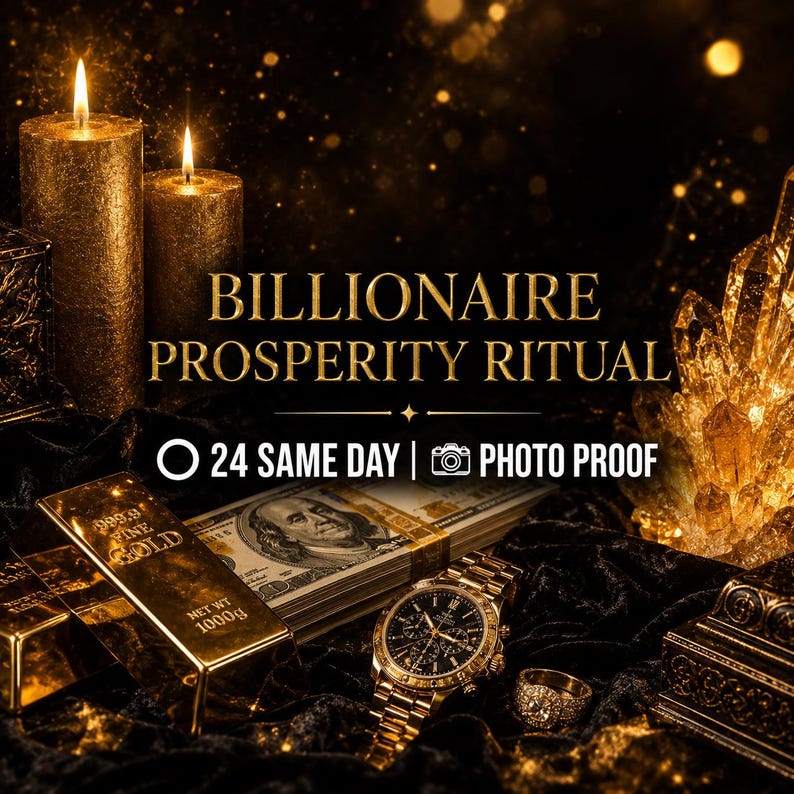 Op de afbeelding: Een weergave met de tekst BILLIONAIRE PROSPERITY RITUAL, 24 SAME DAY en PHOTO PROOF, vergezeld door twee gouden kaarsen, een stapel bankbiljetten, een gouden horloge, een gouden ring, goudstaven met 1000g-opdruk en een cluster kristallen.