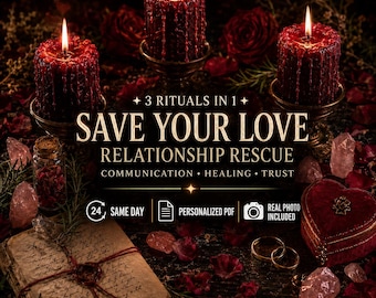 Puede incluir: Tres velas de pilar rojo oscuro con cera derretida, una pequeña botella de vidrio con pétalos secos, una carta estilo vintage con sello de cera, dos anillos dorados y una caja en forma de corazón. Texto: 3 RITUALS IN 1 SAVE YOUR LOVE.