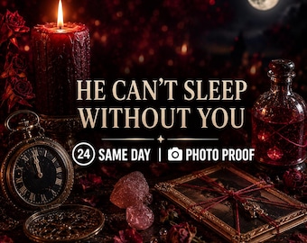 Puede incluir: Una escena oscura con una vela roja, un reloj de bolsillo, una botella de vidrio con líquido rojo y un marco de fotos atado con hilo rojo. El texto dice: HE CAN'T SLEEP WITHOUT YOU, 24 SAME DAY, PHOTO PROOF. Una luna llena brilla al fondo.