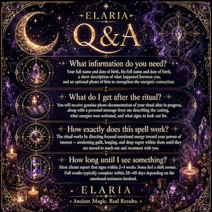 Op de afbeelding: Een donkerpaarse en gouden informatieve afbeelding met de titel ELARIA Q&A. Het bevat hemelse motieven, kristallen en kaarsen. De tekst beschrijft de vereisten voor rituelen, documentatie na het ritueel, werking en verwachte resultaten.