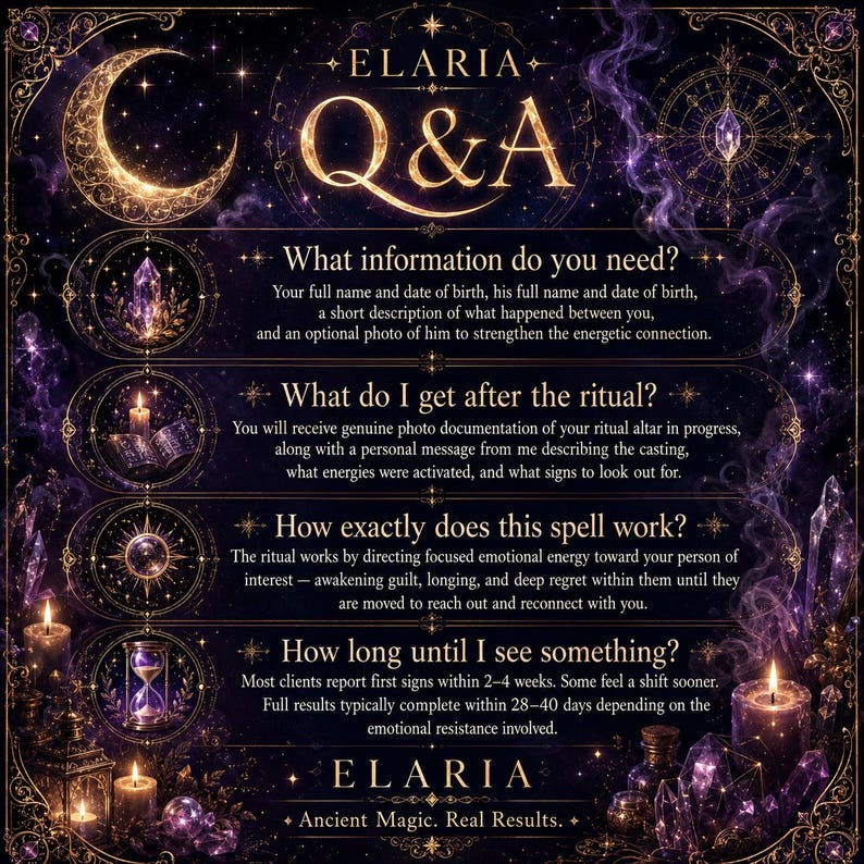 Op de afbeelding: Een donkerpaarse en gouden informatieve afbeelding met de titel ELARIA Q&A. Het bevat hemelse motieven, kristallen en kaarsen. De tekst beschrijft de vereisten voor rituelen, documentatie na het ritueel, werking en verwachte resultaten.