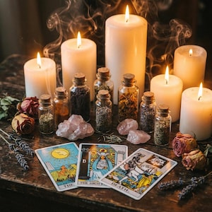 Op de afbeelding: Een verzameling kleine glazen flesjes gevuld met gedroogde kruiden en specerijen, gerangschikt met diverse witte stompkaarsen, rozenkwarts kristallen, gedroogde rozen, lavendeltakjes en drie tarotkaarten met de titels The Moon, The High Priestess en Death.