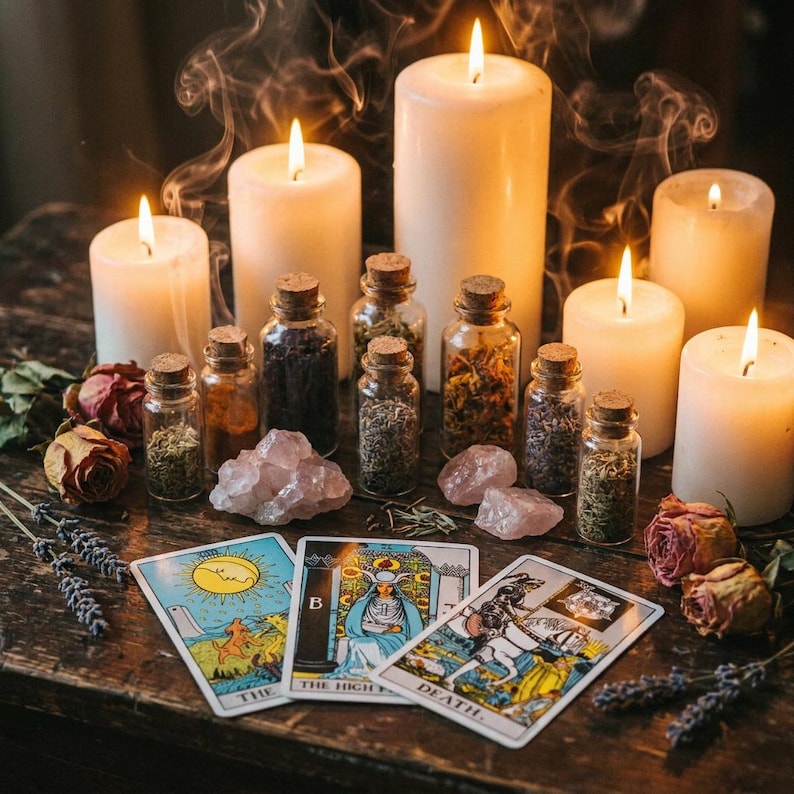 Op de afbeelding: Een verzameling kleine glazen flesjes gevuld met gedroogde kruiden en specerijen, gerangschikt met diverse witte stompkaarsen, rozenkwarts kristallen, gedroogde rozen, lavendeltakjes en drie tarotkaarten met de titels The Moon, The High Priestess en Death.