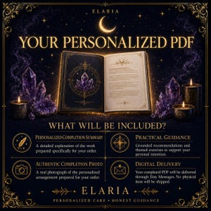 Op de afbeelding: Een open boek met goudomrande pagina's en een donkere kaft met een paarse kristalillustratie, omringd door brandende kaarsen en paarse kristalgroepen. Tekst bevat YOUR PERSONALIZED PDF, WHAT WILL BE INCLUDED en ELARIA.