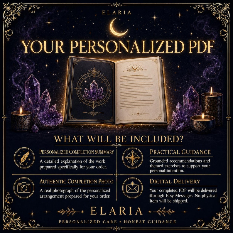 Op de afbeelding: Een open boek met goudomrande pagina's en een donkere kaft met een paarse kristalillustratie, omringd door brandende kaarsen en paarse kristalgroepen. Tekst bevat YOUR PERSONALIZED PDF, WHAT WILL BE INCLUDED en ELARIA.