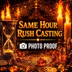 May include: An image with the text "SAME HOUR RUSH CASTING PHOTO PROOF" in gold lettering. The image features an hourglass, lit candles, and crystals, all in warm, golden tones. The background has a mystical, celestial design.