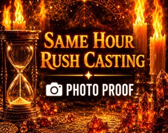 Op de afbeelding: Een afbeelding met de tekst "SAME HOUR RUSH CASTING PHOTO PROOF" in gouden letters. De afbeelding toont een zandloper, brandende kaarsen en kristallen, allemaal in warme, gouden tinten. De achtergrond heeft een mystiek, hemels ontwerp.