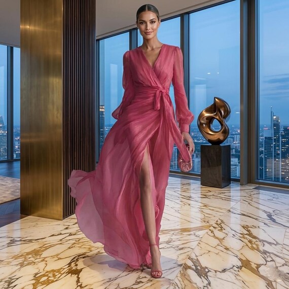 Rose Red Elegant Wrap Maxi Dress | Deep V-neck High Slit Bridesmaid Gown