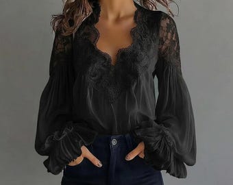 Chemise chic en patchwork de dentelle à manches bouffantes et col en V