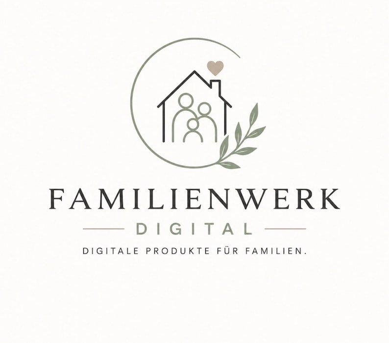 May include: Logo for Familienwerk Digital, showing a house icon with a family silhouette and a heart, encircled by a line and leaves. The text "FAMILIENWERK DIGITAL" is below, with the tagline "DIGITALE PRODUKTE F&Uuml;R FAMILIEN."