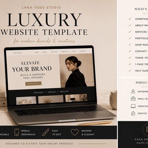 Könnte beinhalten: Ein Laptop zeigt eine Website-Vorlage mit dem Text „ELEVATE YOUR BRAND“. Das Bild zeigt eine luxuriöse Website-Vorlage für moderne Marken und Kreative. Das Design umfasst eine Homepage, eine Über-Seite und eine Portfolio-Seite. Die Vorlage ist vollständig anpassbar und mobilfreundlich.