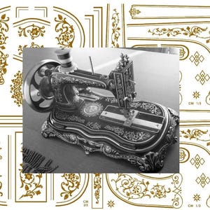 May include: A sheet of gold-colored decorative decals featuring intricate floral and geometric patterns, surrounding a central black and white photograph of a vintage sewing machine. The decals include various border strips and corner motifs.