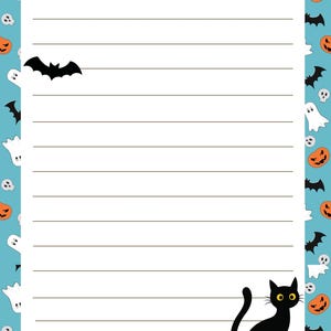 May include: A lined writing paper sheet with a light blue border featuring a pattern of white ghosts, orange pumpkins, and black bats. The top center displays the text Spooky Scribbles in orange and black. A black bat and a black cat are present.