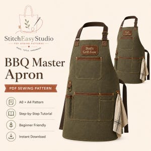 Puede incluir: Un delantal de barbacoa de lona verde oliva con correas de cuero sintético marrón, múltiples bolsillos y un parche rectangular con el texto 'Dad's Grill Zone'. El delantal incluye un anillo de metal y una toalla a cuadros en el lateral.