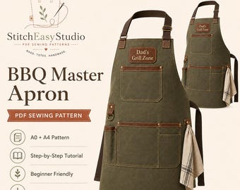 BBQ Apron Sewing Pattern PDF, Father’s Day Apron Pattern, Men’s Utility Apron Tutorial, Grill Apron Pdf Pattern, Waxed Canvas Apron DIY
