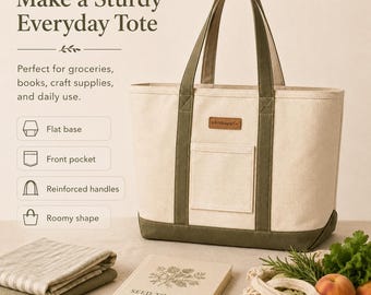 Boxed Bottom Canvas Tote Bag Sewing Pattern, Beginner Market DIY (PDF Pattern)
