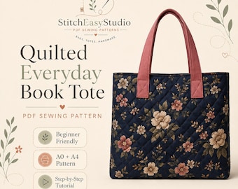 Quilted Book Tote Sewing Pattern, Beginner Friendly Bag Tutorial (PDF Download)