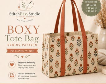 BOXY Tote Bag Sewing Pattern PDF, Beginner Tote Bag Pattern, A0 A4 Printable Bag Pattern, Cloth Cutting Guide, Step-by-Step Tutorial