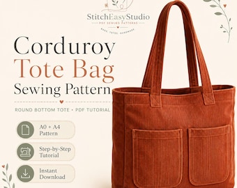 Corduroy Tote Bag Sewing Pattern, Round Bottom, Beginner Tutorial (Digital Download)