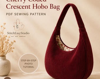 Cartamodello PDF per borsa a tracolla Cherry Coded Crescent, tutorial per borsa a spalla in velluto a coste (download digitale)