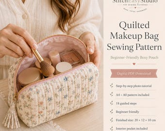 Quilted Makeup Bag Sewing Pattern, Beginner Boxy Pouch Tutorial (Digital Download)
