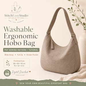 May include: A beige hobo bag with a wide strap and full zip closure. The bag is made from a washable material and has a divider pocket. The finished size is 15 x 12 x 4 inches. The image also includes text that says "Washable Ergonomic Hobo Bag".