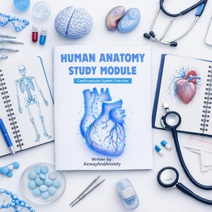 May include: A Human Anatomy Study Module book with a blue heart illustration, surrounded by medical items including a stethoscope, a magnifying glass, two spiral notebooks with anatomical drawings, a DNA model, pills, and a tablet device.