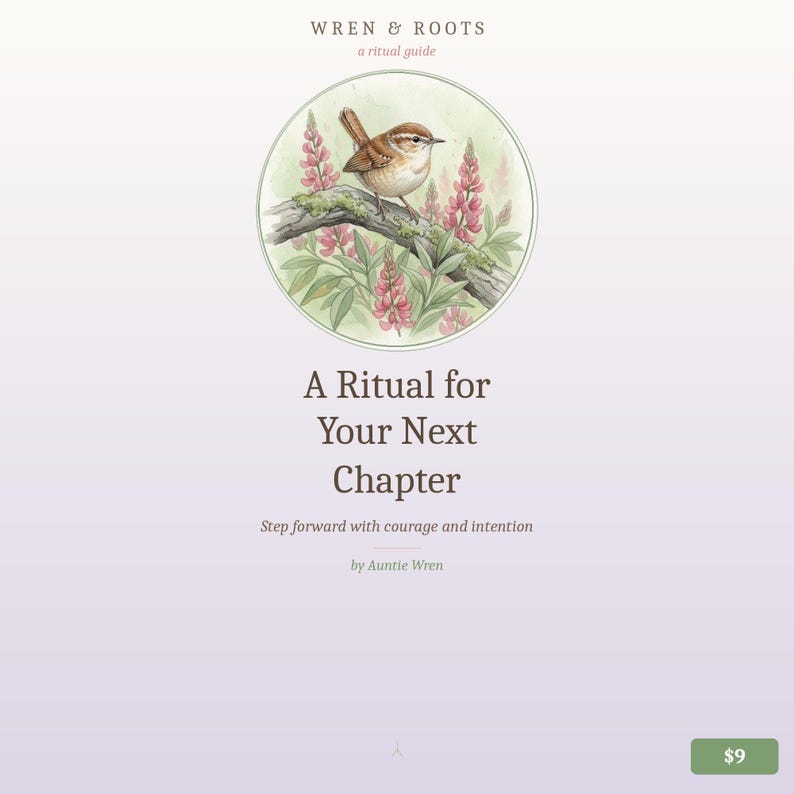 Pu&ograve; includere: Copertina di un libro con il titolo "A Ritual for Your Next Chapter" e il nome dell'autrice, "Auntie Wren". La copertina presenta un'illustrazione ad acquerello di un uccello su un ramo con fiori rosa, all'interno di una cornice circolare. Lo sfondo &egrave; lavanda chiaro.