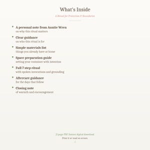 Op de afbeelding: Een digitale download getiteld "What's Inside" met een lijst van rituele componenten. De lijst bevat een persoonlijke notitie, duidelijke begeleiding, een materialenlijst, een ruimtevoorbereidingsgids, een 7-stappenritueel, nazorgbegeleiding en een slotopmerking.