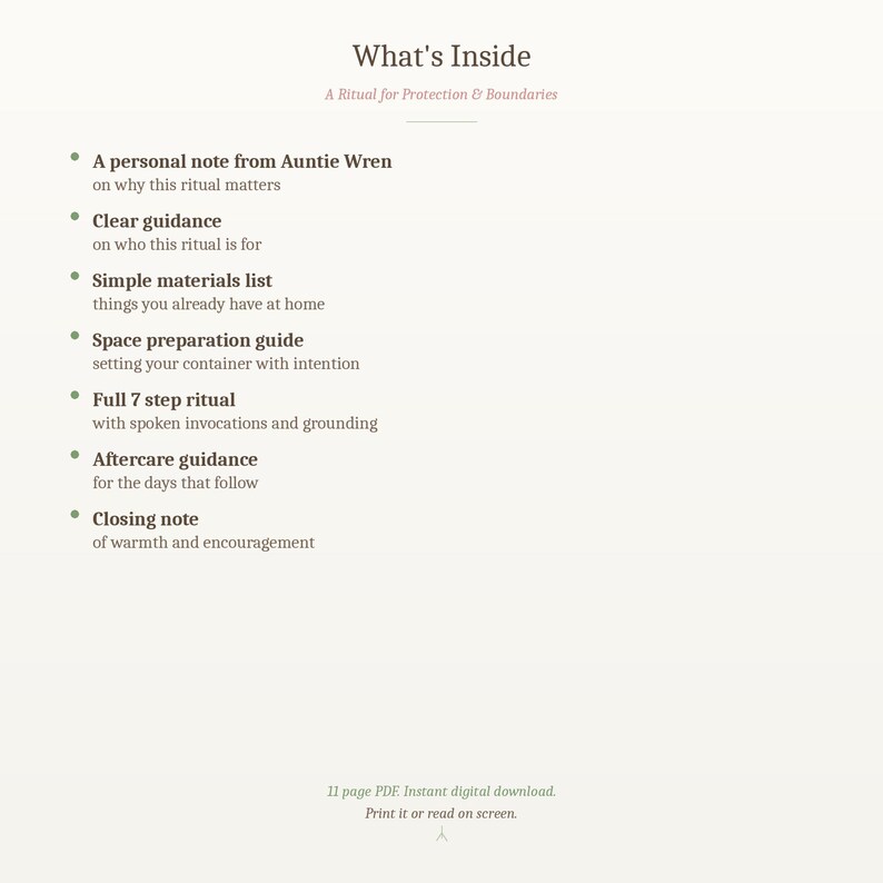 Op de afbeelding: Een digitale download getiteld "What's Inside" met een lijst van rituele componenten. De lijst bevat een persoonlijke notitie, duidelijke begeleiding, een materialenlijst, een ruimtevoorbereidingsgids, een 7-stappenritueel, nazorgbegeleiding en een slotopmerking.