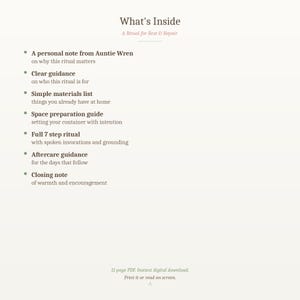 Puede incluir: Documento PDF color crema titulado "What's Inside: A Ritual for Rest & Repair". El documento enumera el contenido, incluyendo una nota personal, orientaci&oacute;n clara, una lista de materiales, una gu&iacute;a de preparaci&oacute;n del espacio, un ritual de 7 pasos, orientaci&oacute;n posterior y una nota de cierre.