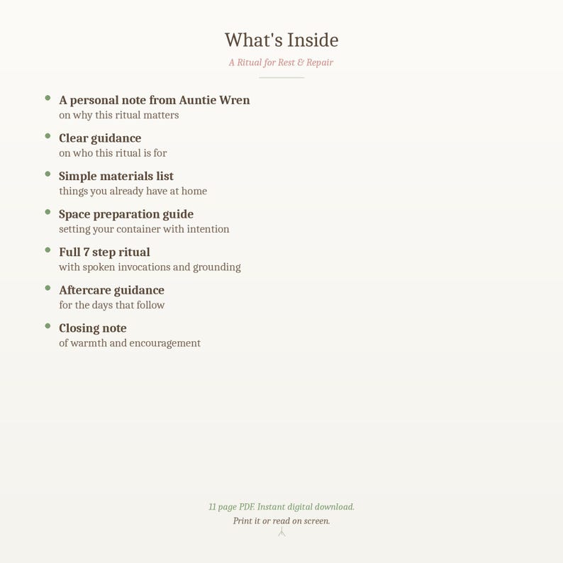Puede incluir: Documento PDF color crema titulado "What's Inside: A Ritual for Rest & Repair". El documento enumera el contenido, incluyendo una nota personal, orientaci&oacute;n clara, una lista de materiales, una gu&iacute;a de preparaci&oacute;n del espacio, un ritual de 7 pasos, orientaci&oacute;n posterior y una nota de cierre.