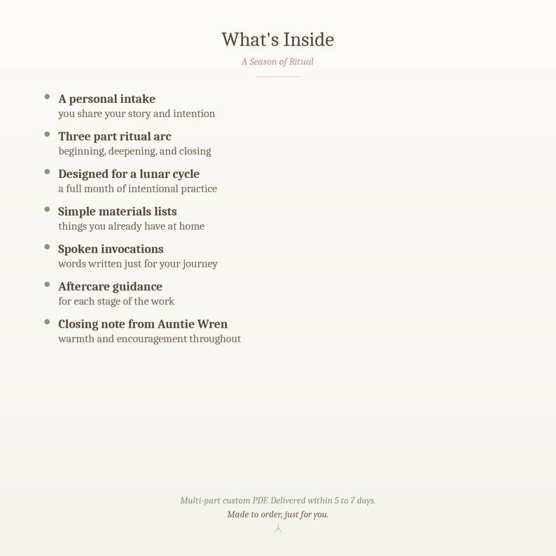 Pu&ograve; includere: Grafica color crema con il titolo "What's Inside" e il sottotitolo "A Season of Ritual". Il testo elenca i contenuti: assunzione personale, arco rituale, design del ciclo lunare, elenchi di materiali, invocazioni parlate, guida post-trattamento e una nota di chiusura.