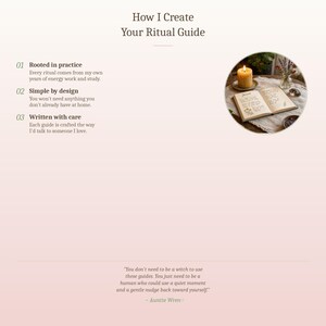 Op de afbeelding: Een gids getiteld "Hoe ik je ritueelgids cre&euml;er" met drie punten: Geworteld in de praktijk, Eenvoudig van ontwerp en Met zorg geschreven. Een afbeelding toont een open boek, een kaars en bloemen. Een citaat van Auntie Wren is ook opgenomen.