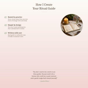 Peut inclure: Graphique rose et blanc avec le texte "How I Create Your Ritual Guide". L'image comprend du texte d&eacute;crivant les caract&eacute;ristiques du guide rituel, une citation d'Auntie Wren et une image circulaire d'une bougie et d'un livre ouvert.