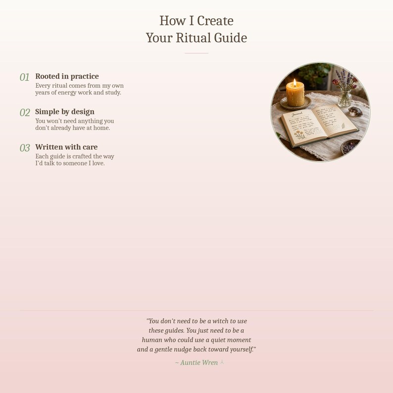 Peut inclure: Graphique rose et blanc avec le texte "How I Create Your Ritual Guide". L'image comprend du texte d&eacute;crivant les caract&eacute;ristiques du guide rituel, une citation d'Auntie Wren et une image circulaire d'une bougie et d'un livre ouvert.