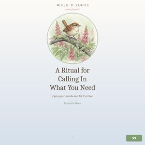 Puede incluir: Portada de libro con el t&iacute;tulo "A Ritual for Calling In What You Need". La portada presenta una ilustraci&oacute;n en acuarela de un p&aacute;jaro posado en una rama con flores rosas. El texto "Wren & Roots" est&aacute; en la parte superior.