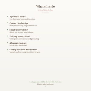 May include: Cream-colored graphic with the text "What's Inside" and "A Ritual Made for You." Bullet points detail the ritual's components: personal intake, custom design, materials list, step-by-step ritual, aftercare, and a closing note from Auntie Wren.