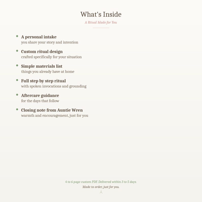 May include: Cream-colored graphic with the text "What's Inside" and "A Ritual Made for You." Bullet points detail the ritual's components: personal intake, custom design, materials list, step-by-step ritual, aftercare, and a closing note from Auntie Wren.