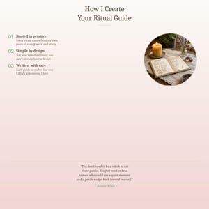 Pu&ograve; includere: Grafica rosa e bianca con il testo "How I Create Your Ritual Guide". L'immagine include una candela accesa, un libro aperto e un piccolo vaso di fiori. Il testo include anche la citazione: "You don't need to be a witch..."